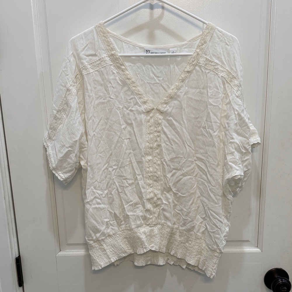 New York & Company Cream V-Neck Blouse